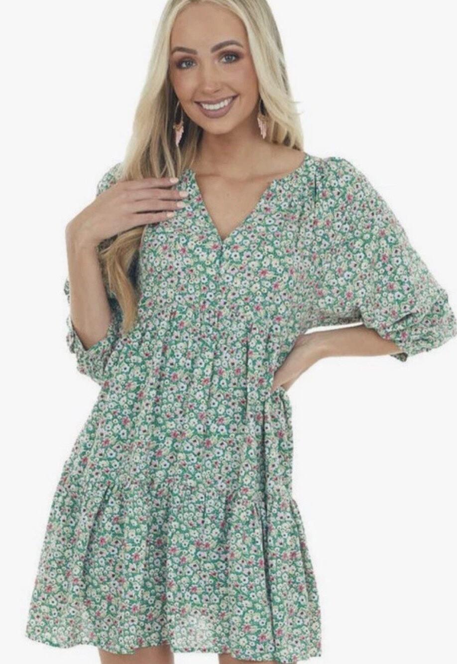 Entro Mini Babydoll Dress Large Green Floral 3/4 Balloon Sleeve Boho